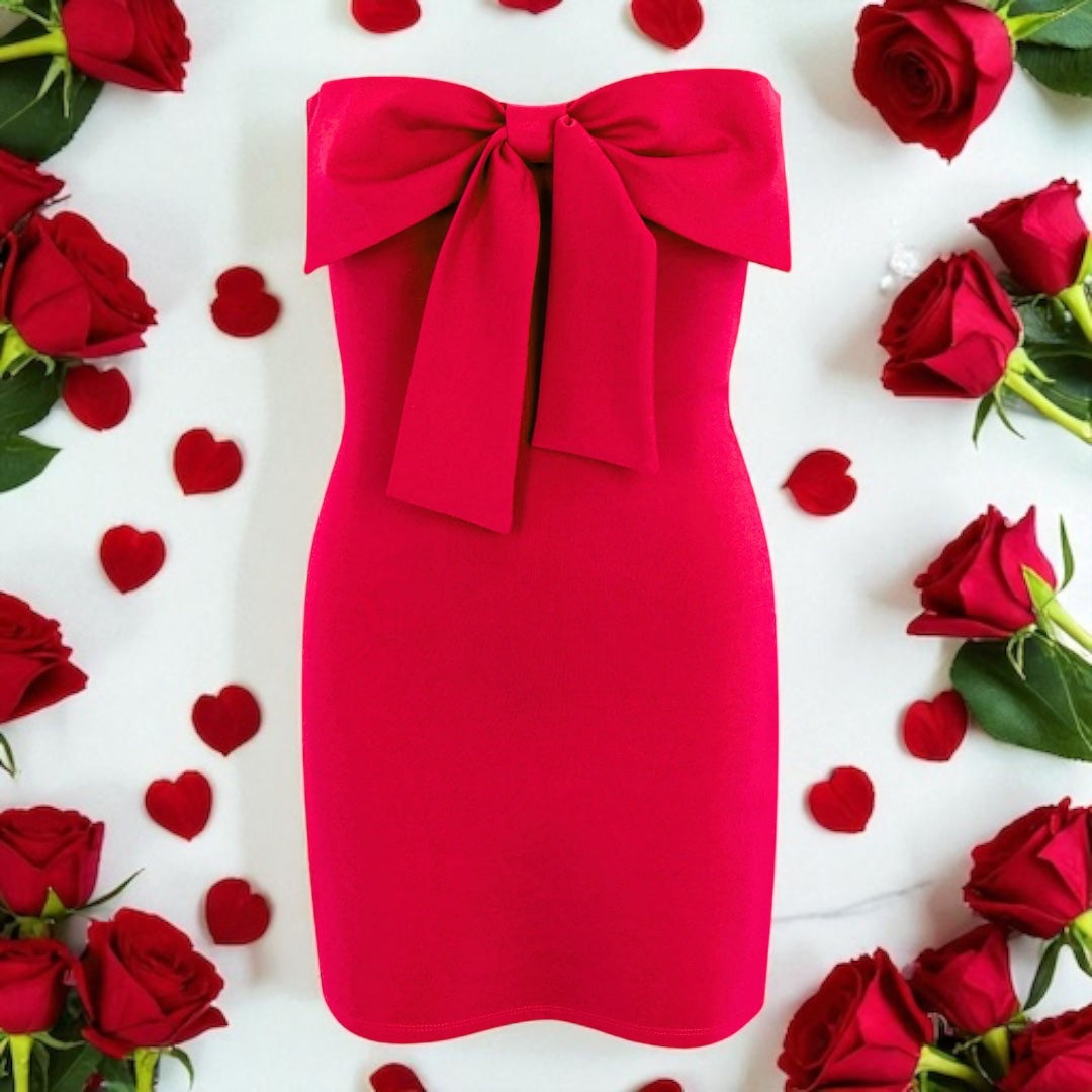 girls red party dress with a rose background 
