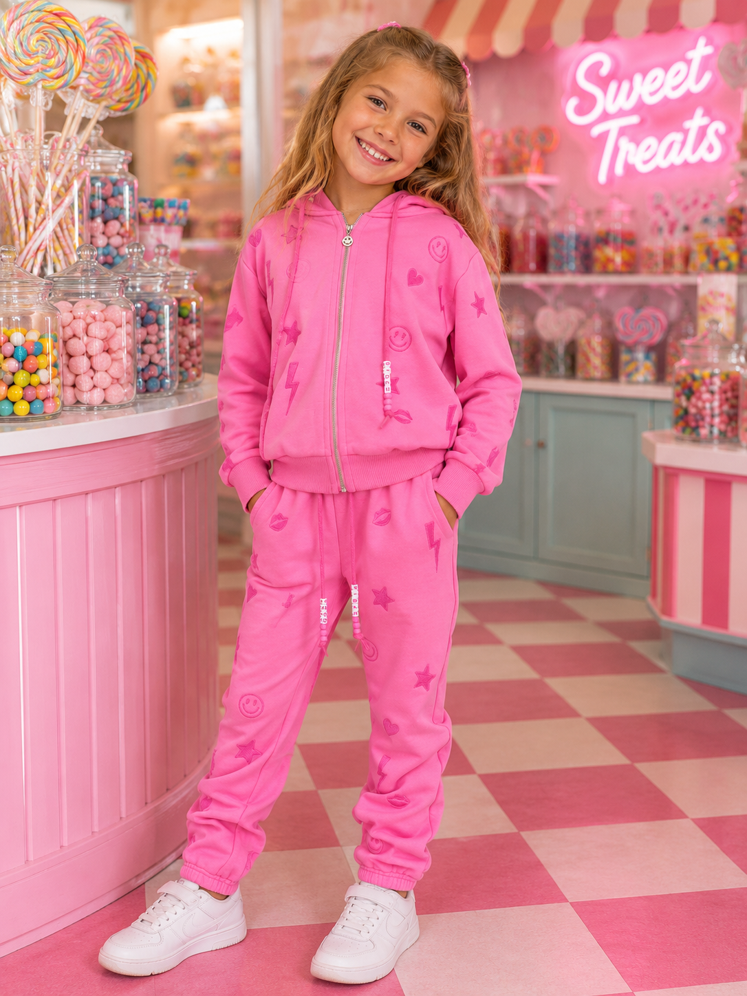 A young girl smiling in a pink zip-up hoodie and matching pink jogger sweatpants with star and heart prints, standing in a candy shop with pink checkered floors and shelves of colorful lollipops and candies.