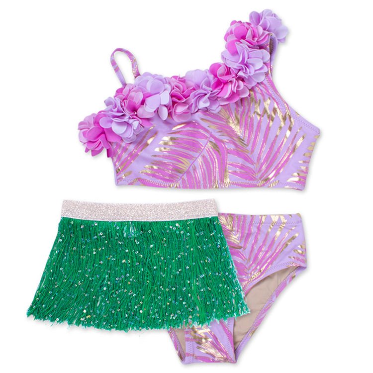 Shade Critters Hula Girl Bikini With Fringe Skirt- Metallic Palm - Everything But The PrincessShade Critters