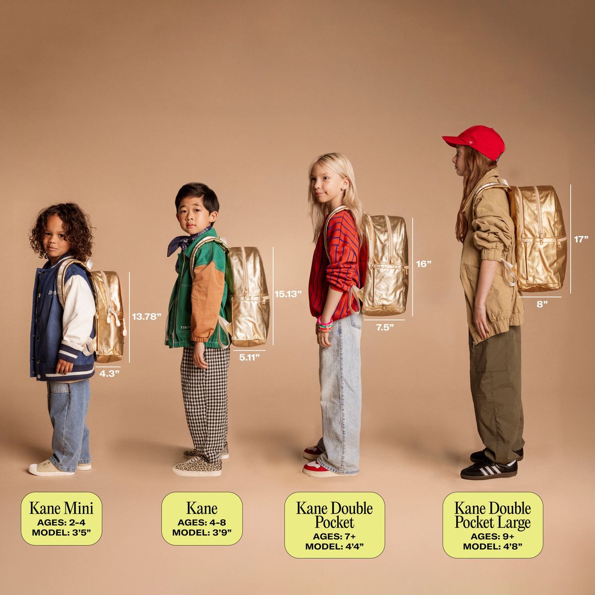Children with backpacks and measurements on a brown background