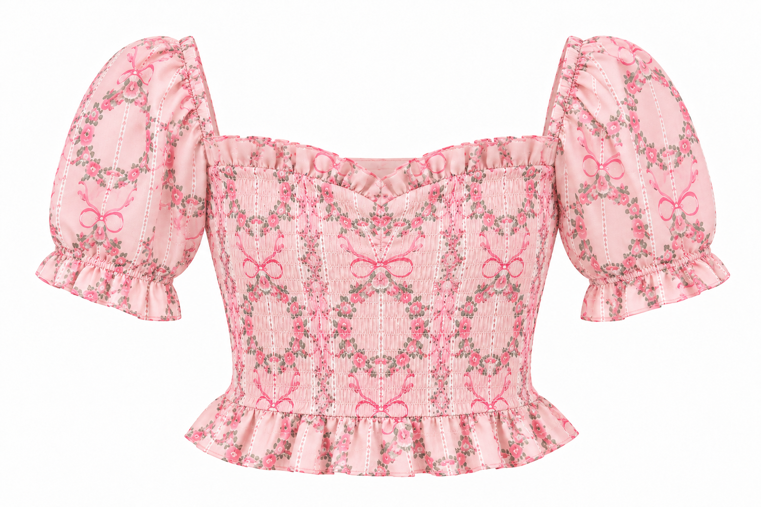 KatieJ NYC Tween Melinda Top Pink Sweetheart Floral smocked bodice and short puff sleeves product image