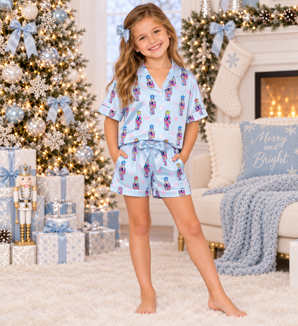 Girl modeling the Sunshine Society Blue Nutcracker 2pc Silky Short Set