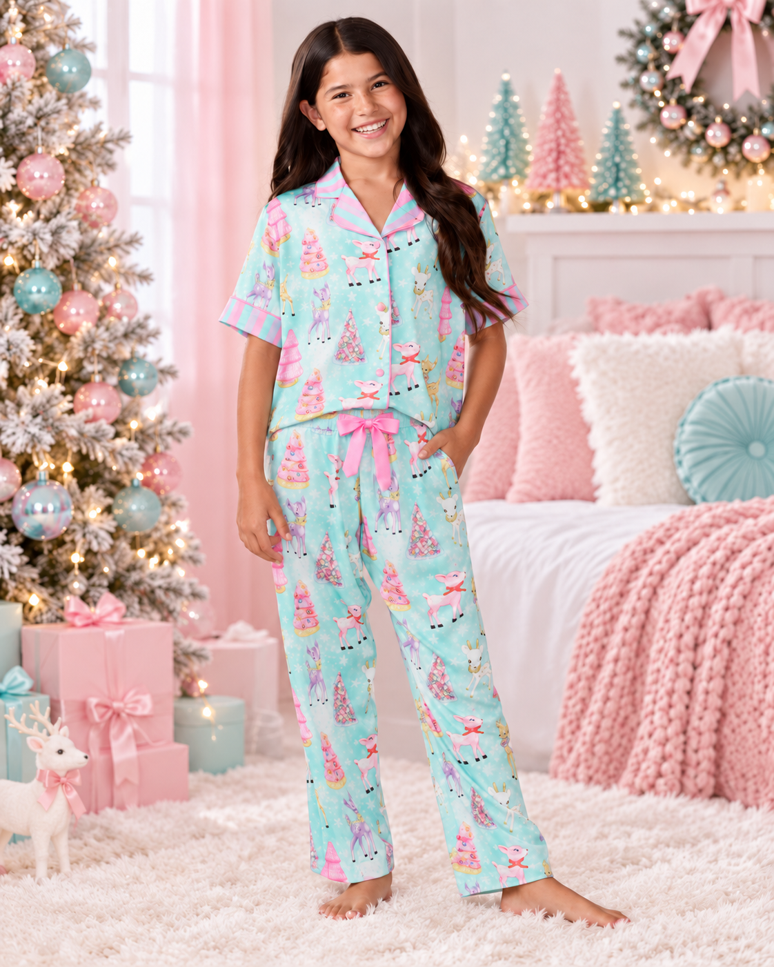 Sunshine Society Prancer 2pc Silky Pant Set modeled in pastel holiday setting
