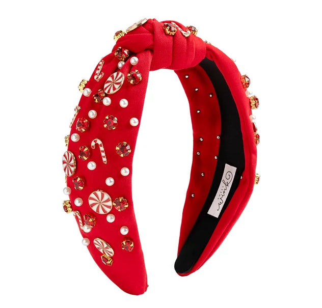 Red Christmas headband with candy cane, peppermint, pearl and gemstone embellishments