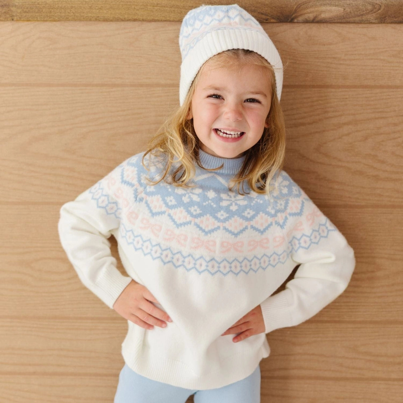 Sweet Wink Frost Fair Isle Beanie modeled with matching sweater