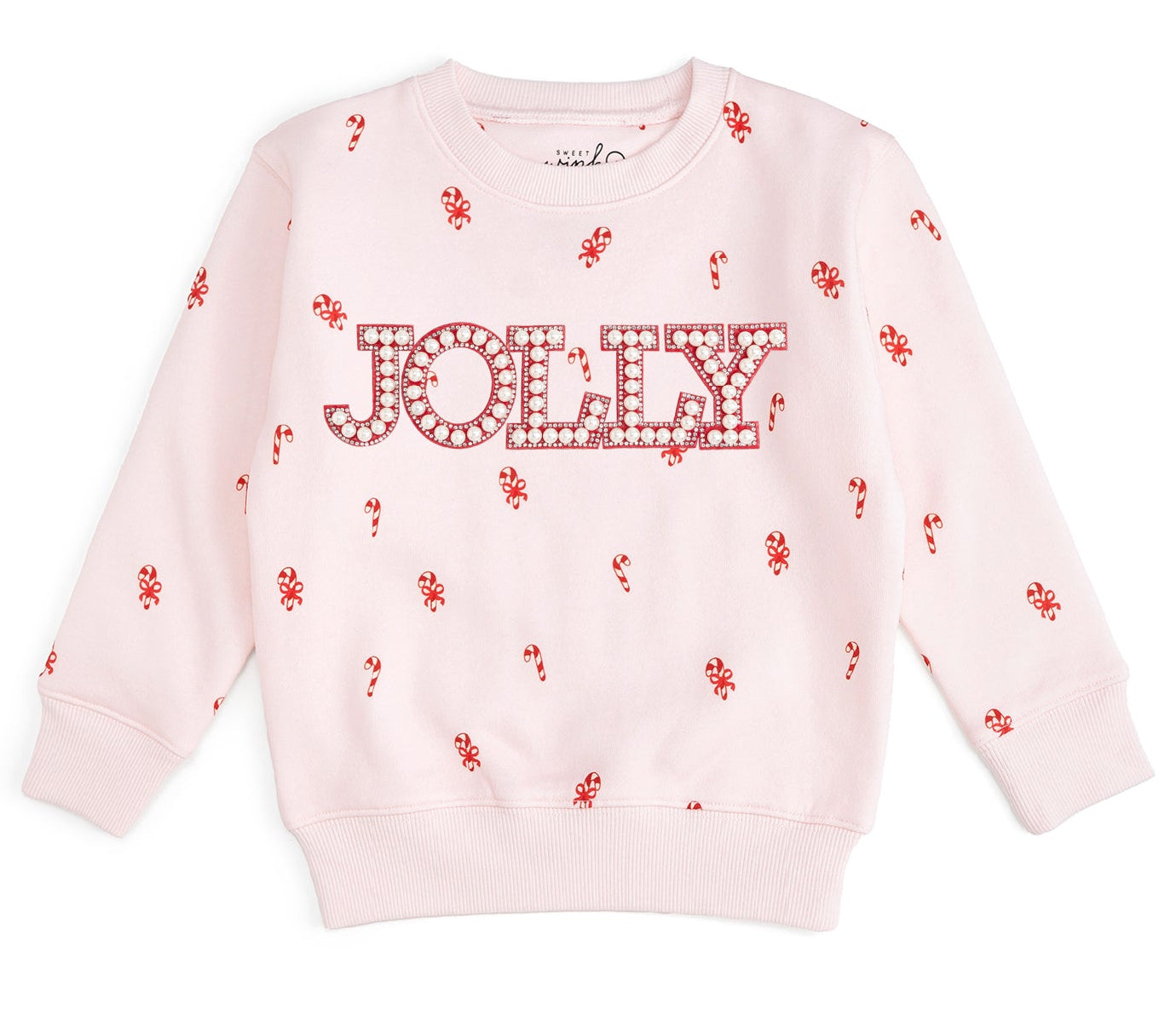 Ballet pink girls Christmas sweatshirt with candy cane print and pearl rhinestone JOLLY patch