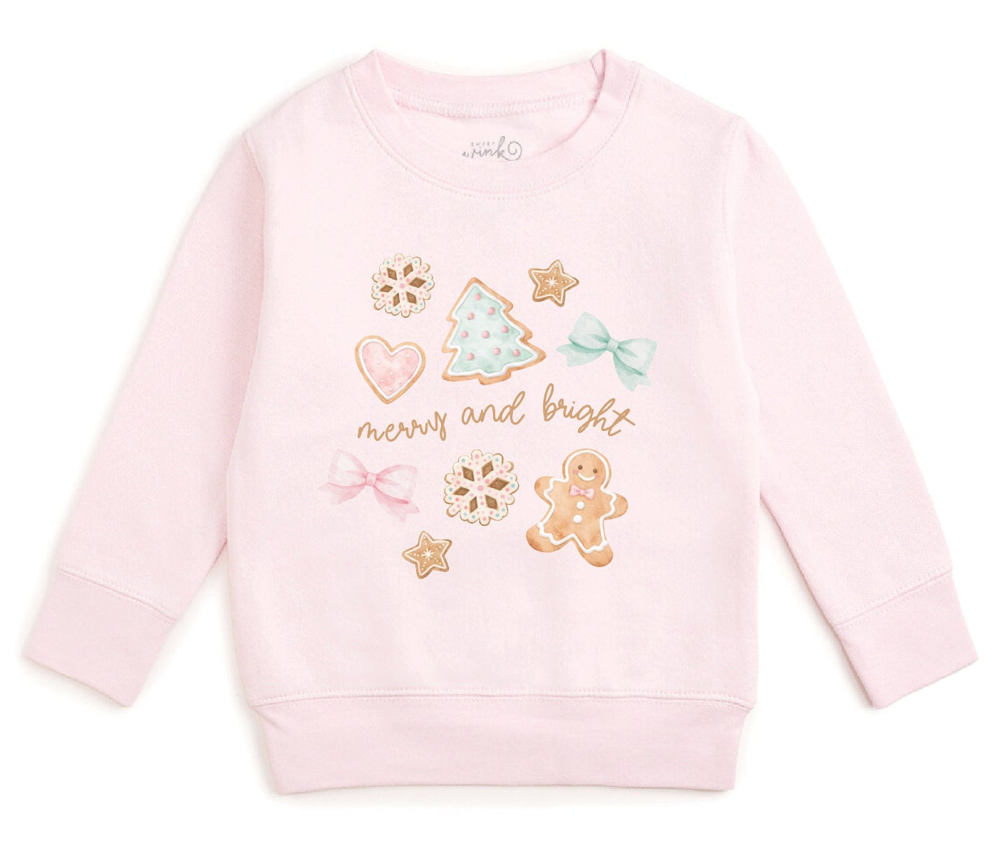 Light pink girls Christmas sweatshirt with gingerbread cookies, bows and Merry and Bright graphic