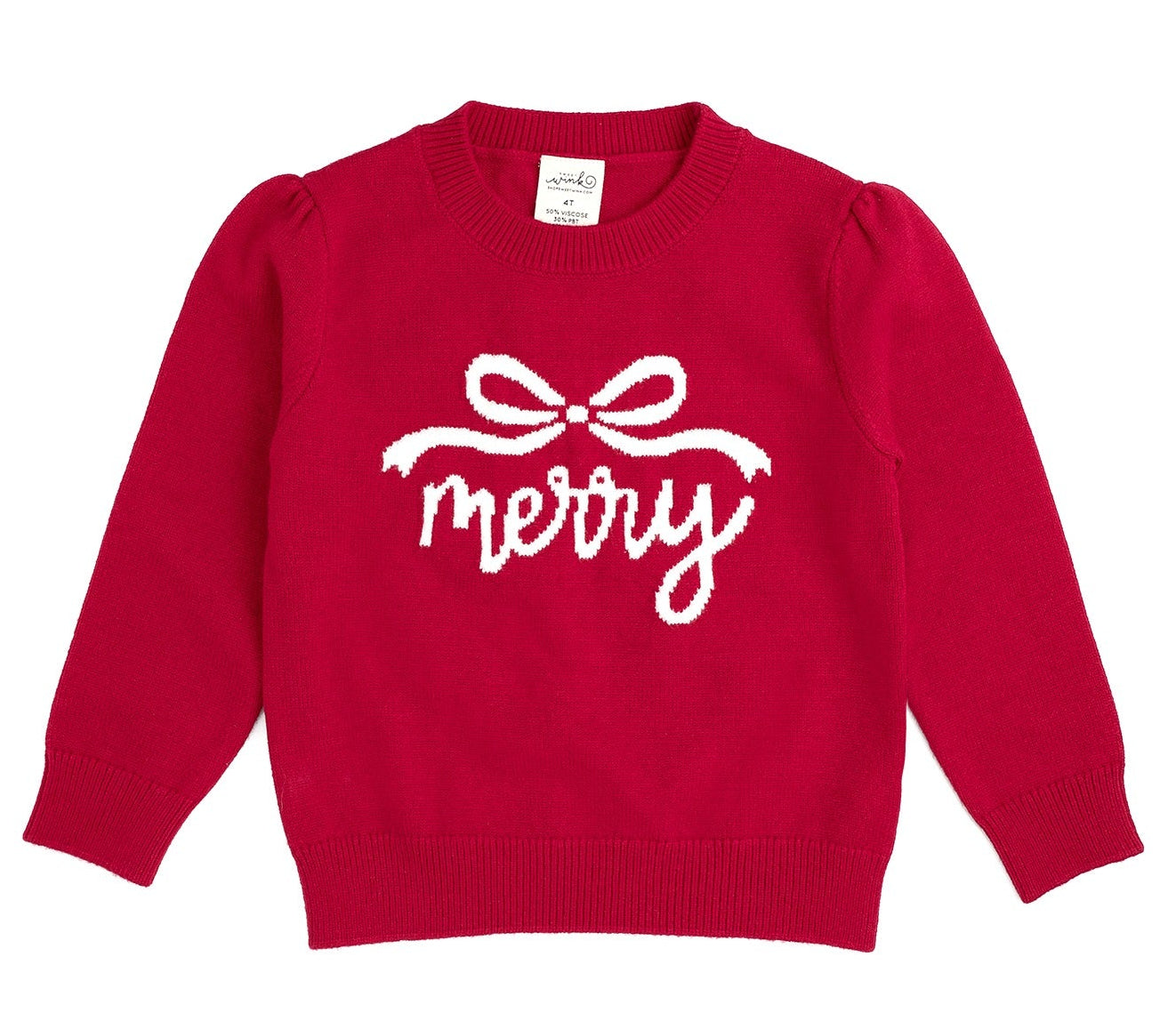 Red girls Christmas sweater with white bow and Merry graphic