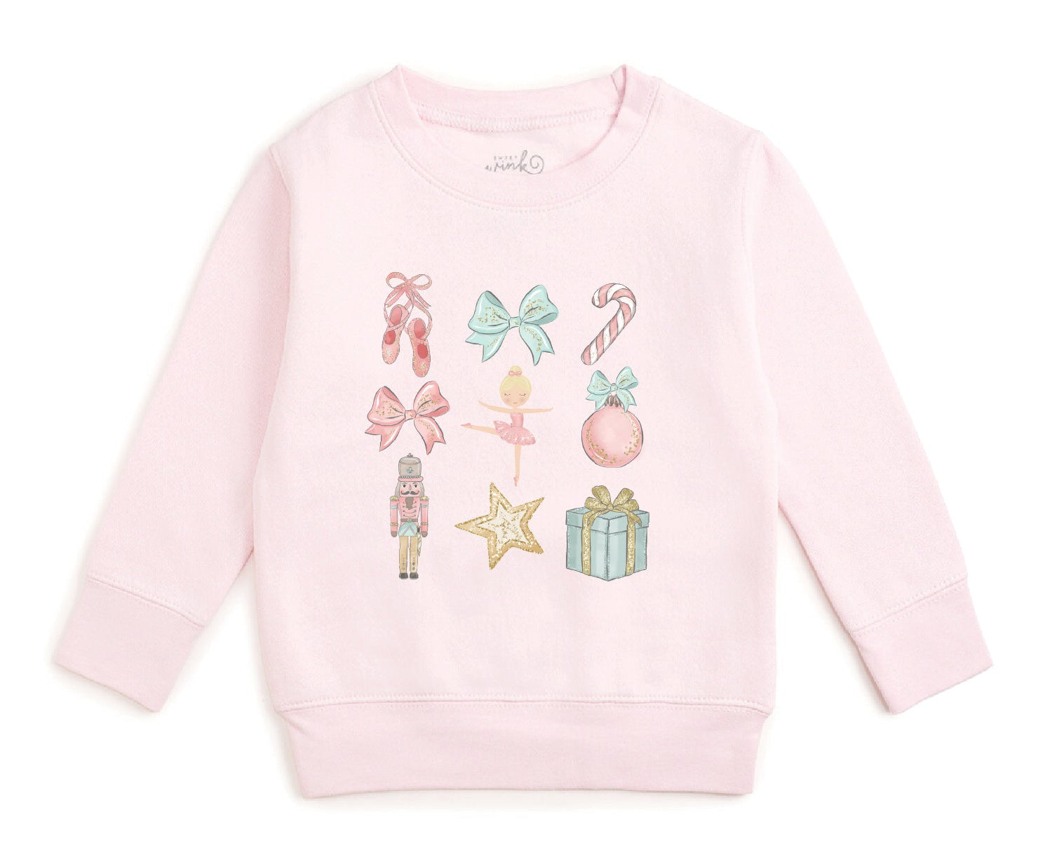 Light pink girls Christmas sweatshirt with nutcracker, ballerina, bows, candy cane and gift graphics