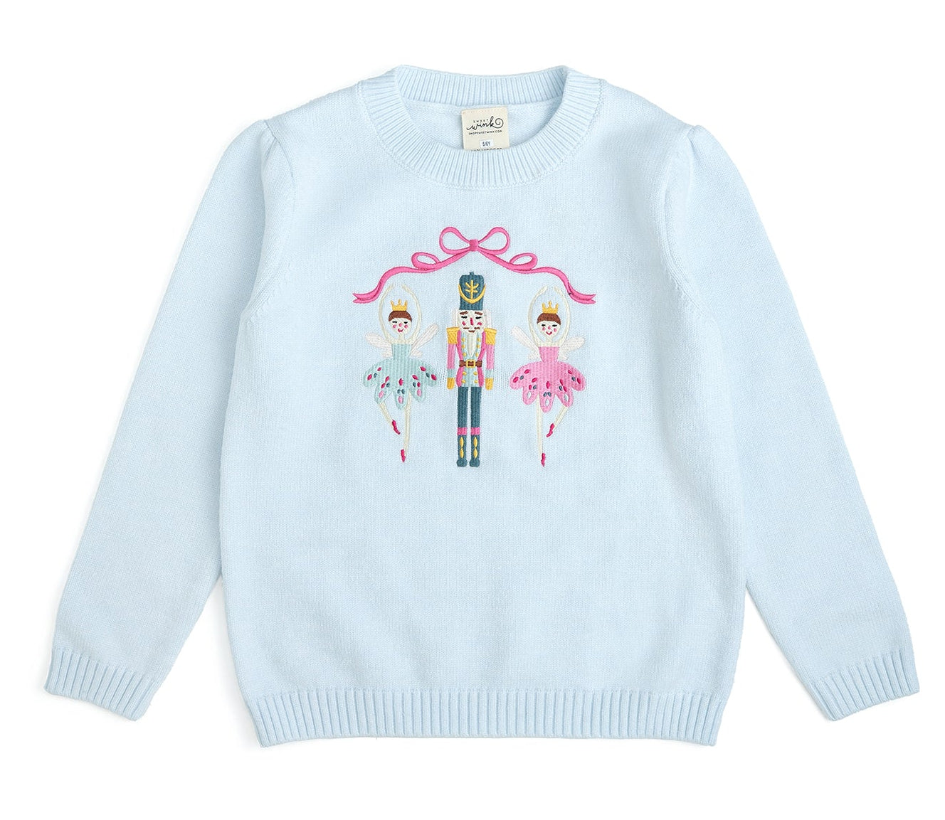 Pastel blue girls Christmas sweater with embroidered nutcracker, ballerinas and pink bow