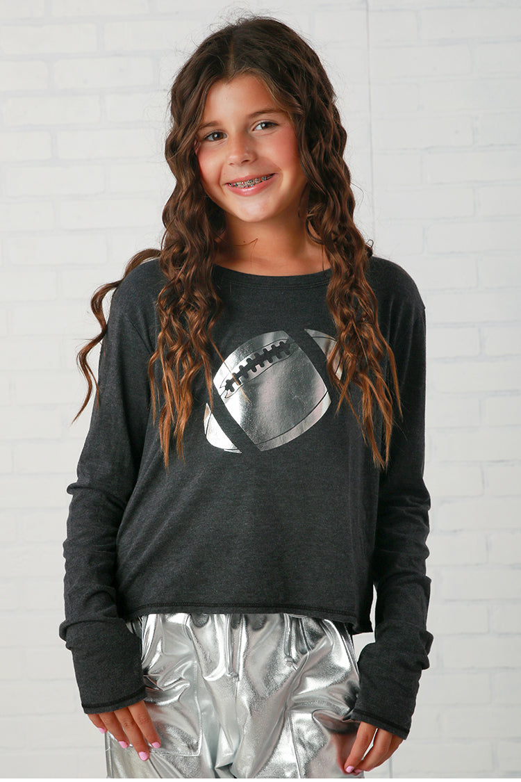 T2Love Black/Silver Metallic Football Boxy Tee