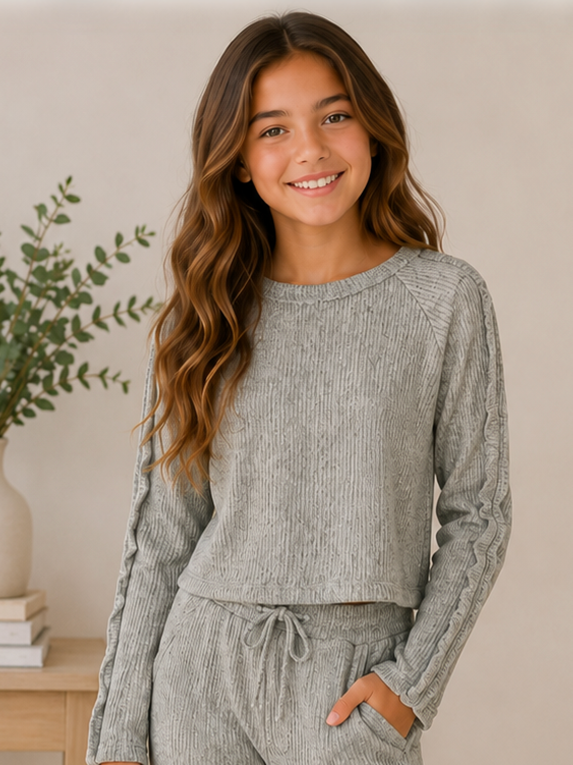 A ytween girl with long wavy brown hair smiling, wearing a light gray ribbed knit long-sleeve top and matching gray drawstring pants in a cozy indoor setting.