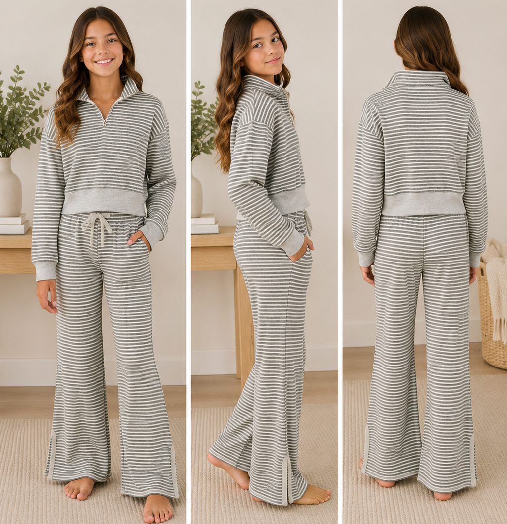 A three-view model photo showing a woman wearing a matching gray and white striped lounge set, including a quarter-zip long-sleeve top and wide-leg pants, in a bright indoor setting.