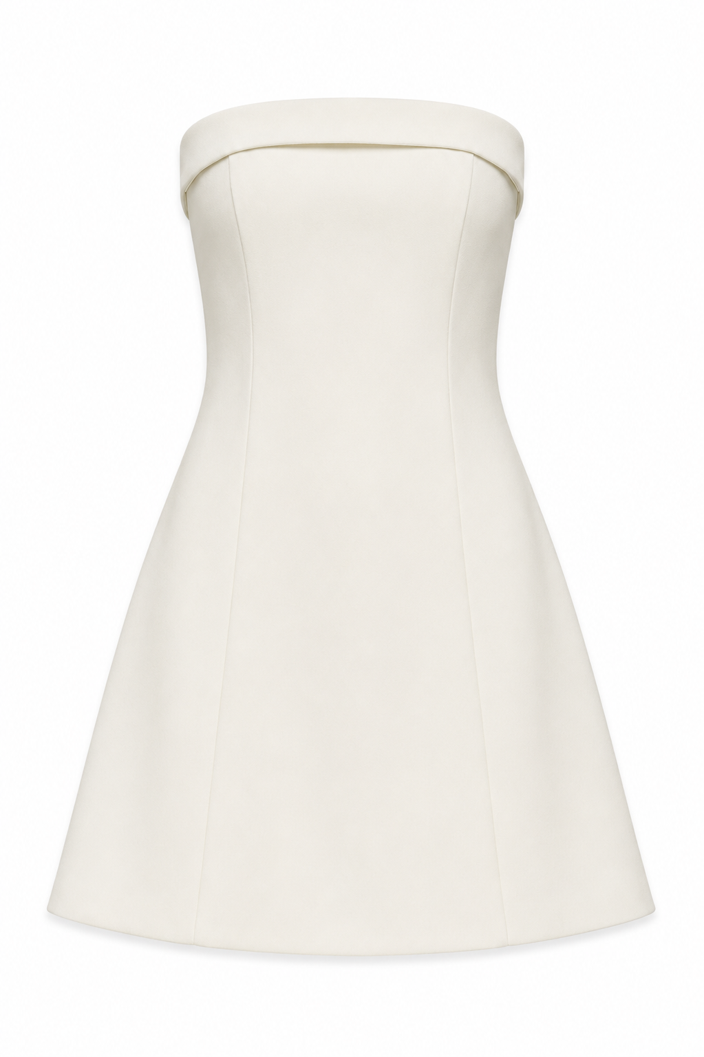 An off-white strapless fit-and-flare mini dress with structured seams by tween designer THEME NYC, shown against a plain white background.