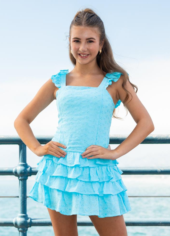 Miss Behave Girls Tiered Skirted Ruffle Romper - Turquoise