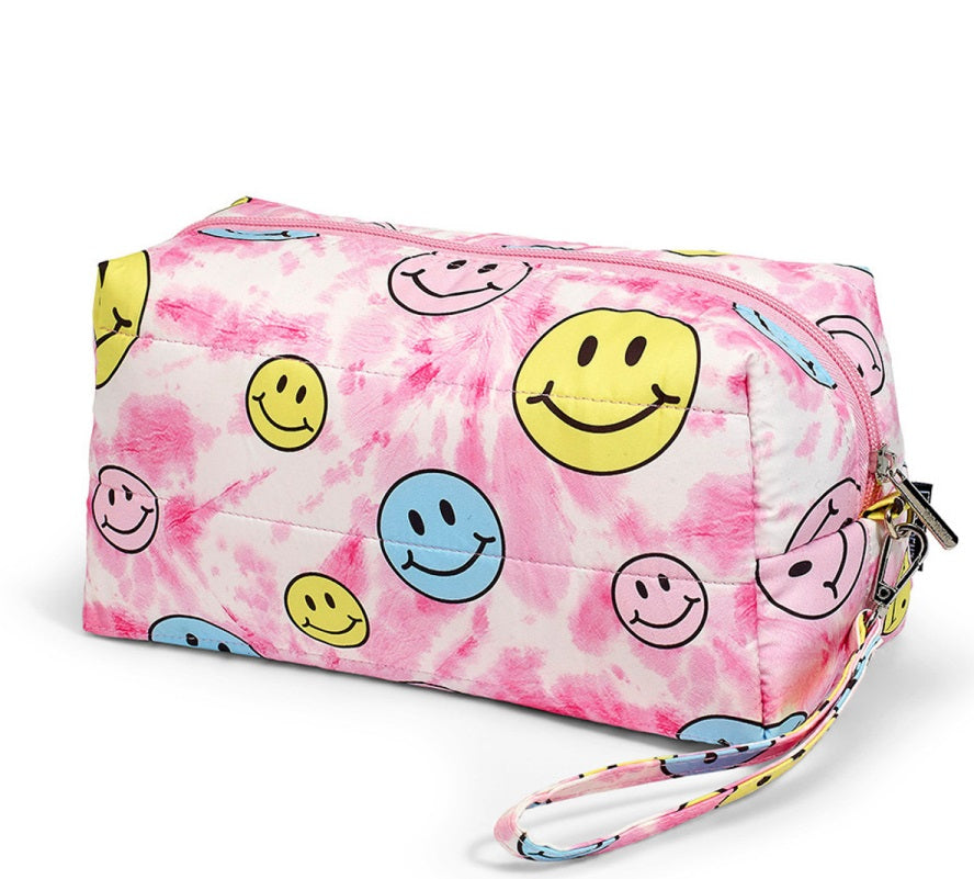Top Trenz Pink Tie Dye Happy Face Puffer Cosmetic Bag