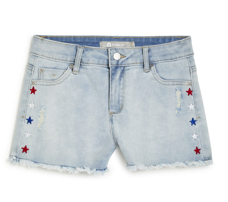 Tractr Brittany - Usa Star Print Embroidery Denim Short With Fray Hem