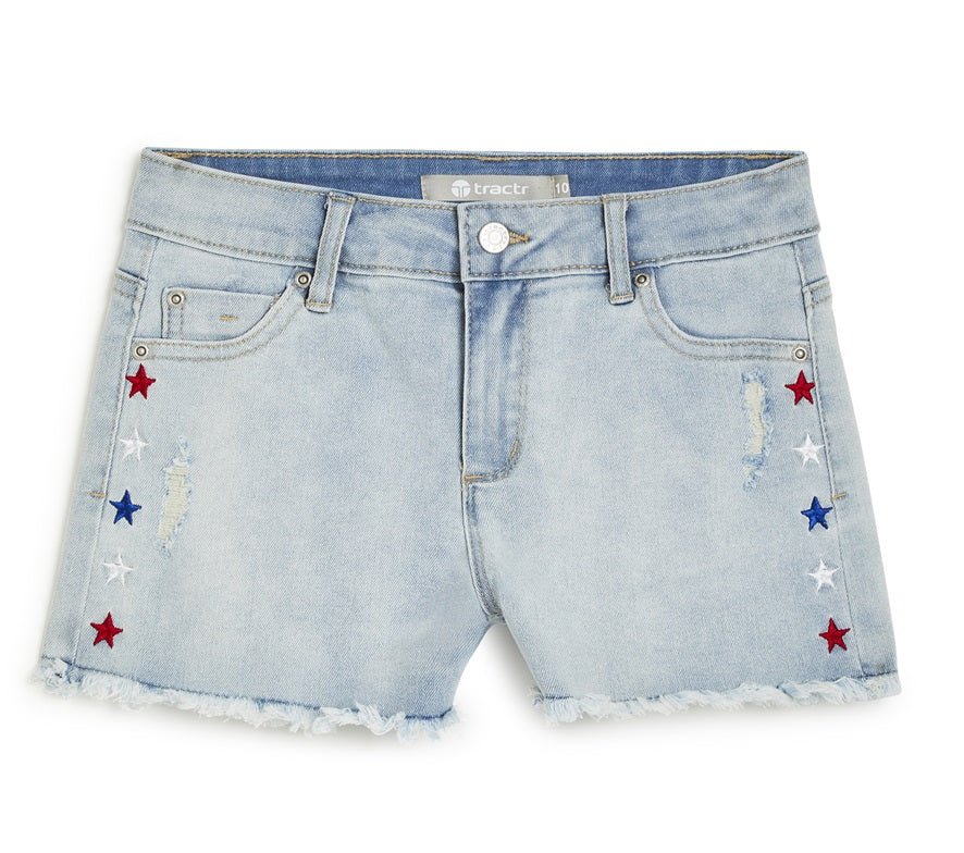 Tractr Brittany - Usa Star Print Embroidery Denim Short With Fray Hem - Everything But The PrincessTractr