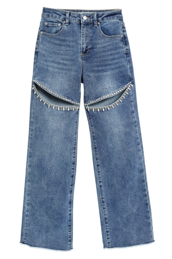 Tractr Taylor Crystal Slit Straight Leg Jean - Indigo Wash - Everything But The PrincessTractr