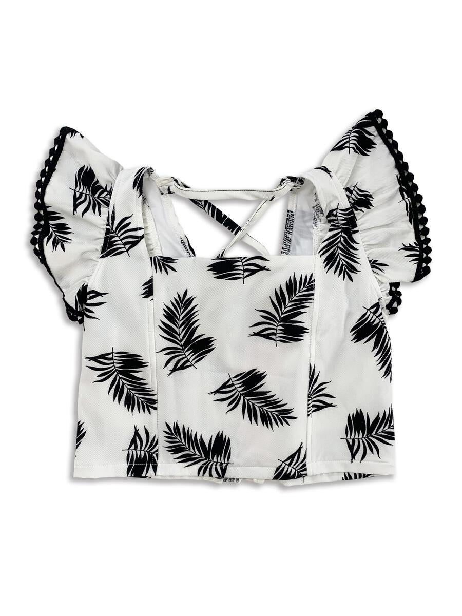 Tru Luv White &amp; Black Palm Print Criss Cross Back Smocked Top - Everything But The PrincessTru Luv