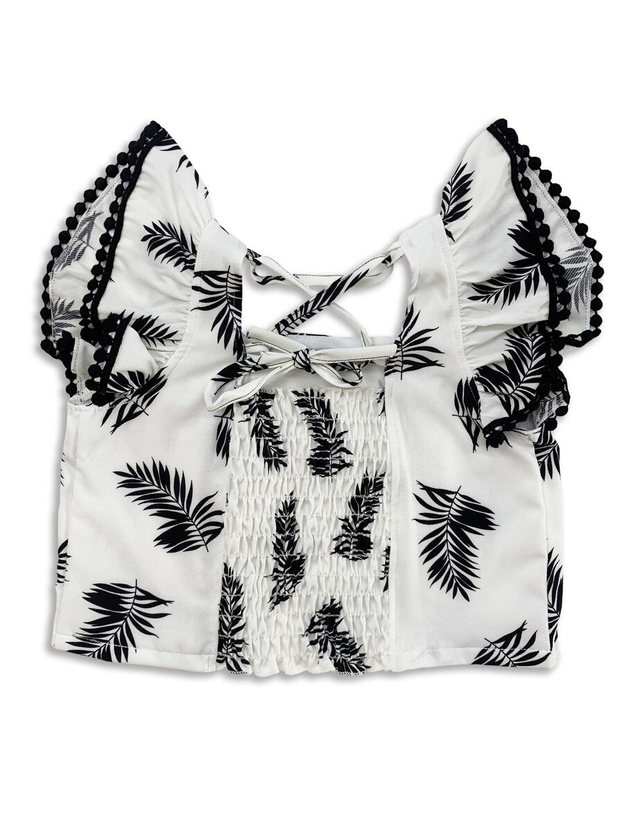 Tru Luv White &amp; Black Palm Print Criss Cross Back Smocked Top - Everything But The PrincessTru Luv