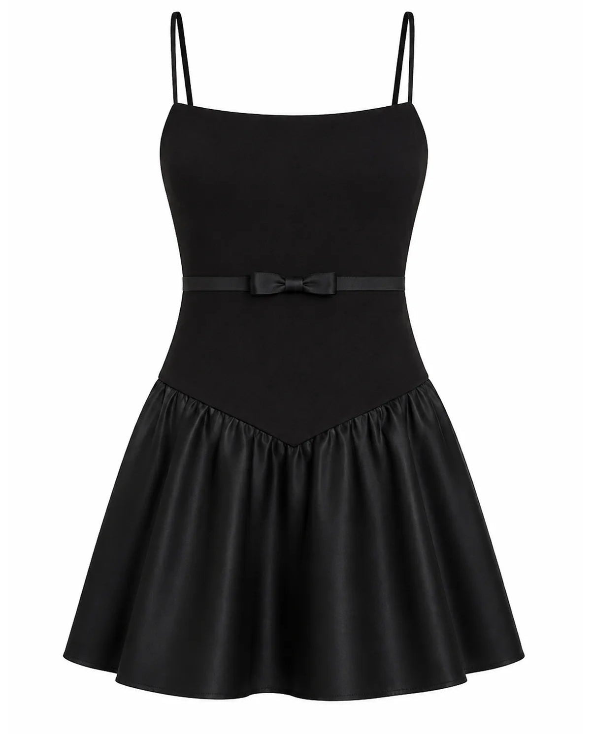 A tween girls black spaghetti-strap mini dress with a fitted bodice, a matching waist bow, and a flared skirt, shown against a plain white background.
