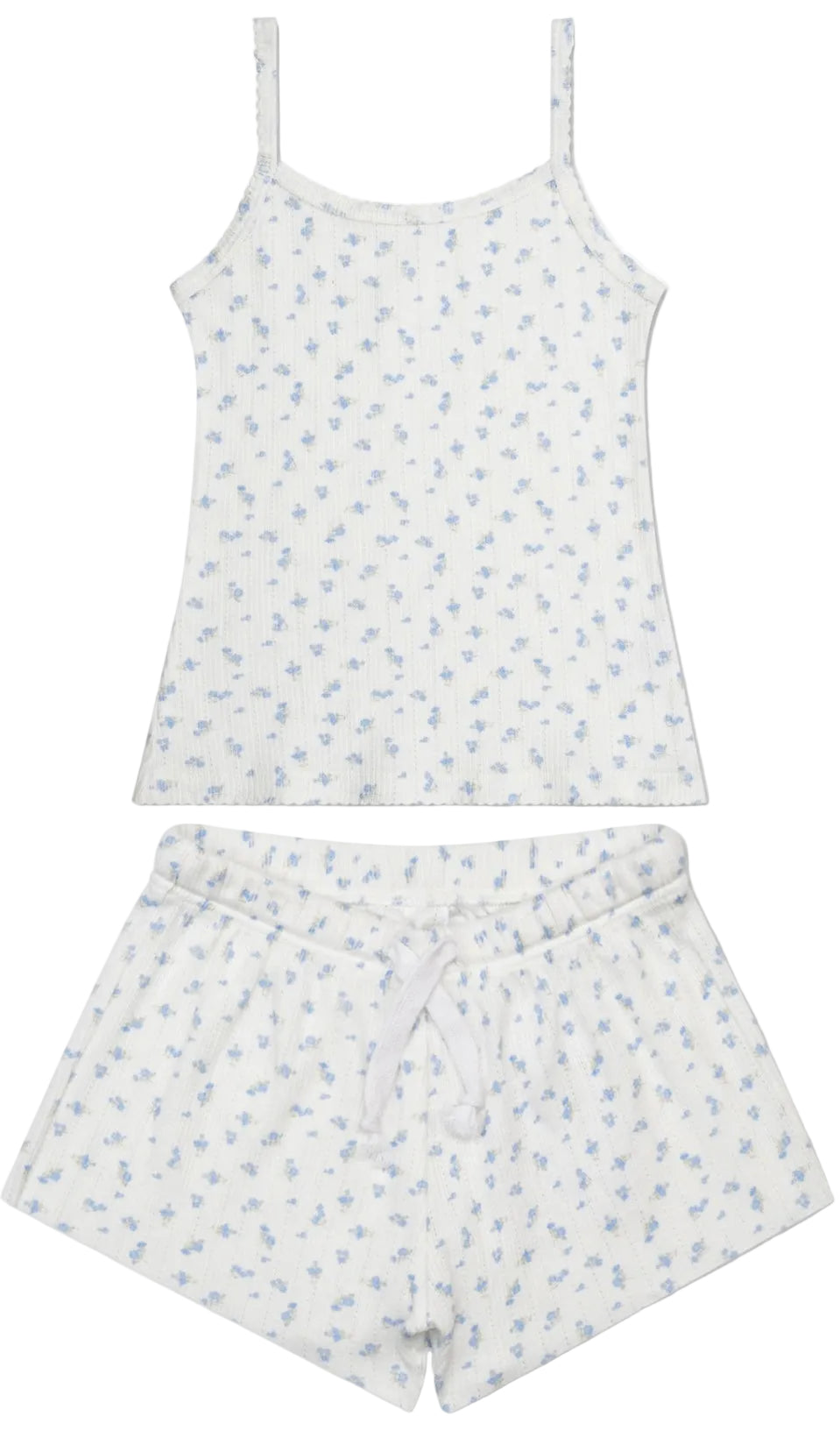 A two-piece tween girl pajama set featuring a white camisole tank top and matching shorts, both decorated with a small light blue floral pattern.