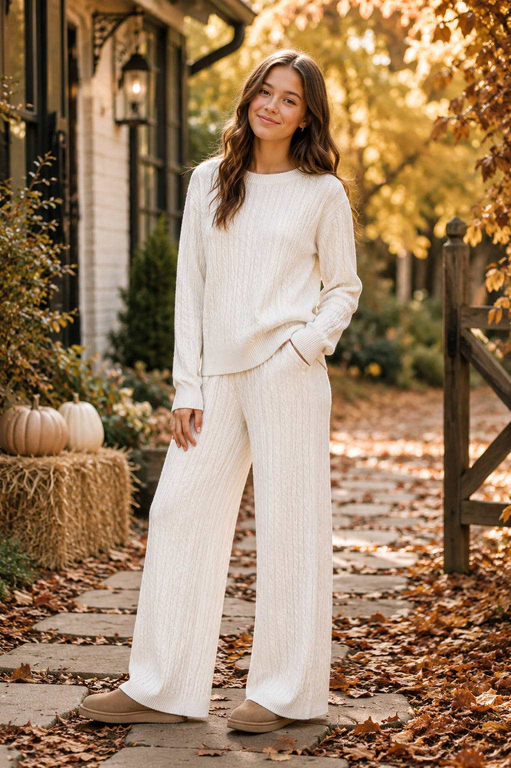 A girl on a stone path outdoors wearing a matching cream ribbed knit long-sleeve top and wide-leg pants, with tan shoes. The background shows autumn foliage, fallen leaves, pumpkins, and a house exterior.