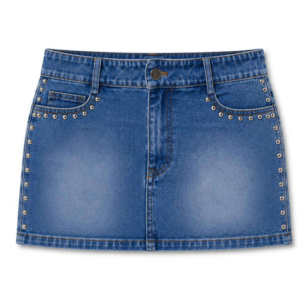 Tween girl studded denim mini skirt by THEME NYC in medium wash with silver stud detailing for trendy back-to-school outfits.