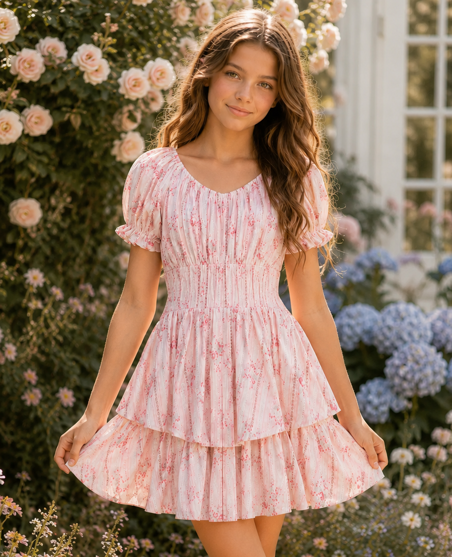 KatieJ NYC Delilah Dress in Rose Floral Stripe
