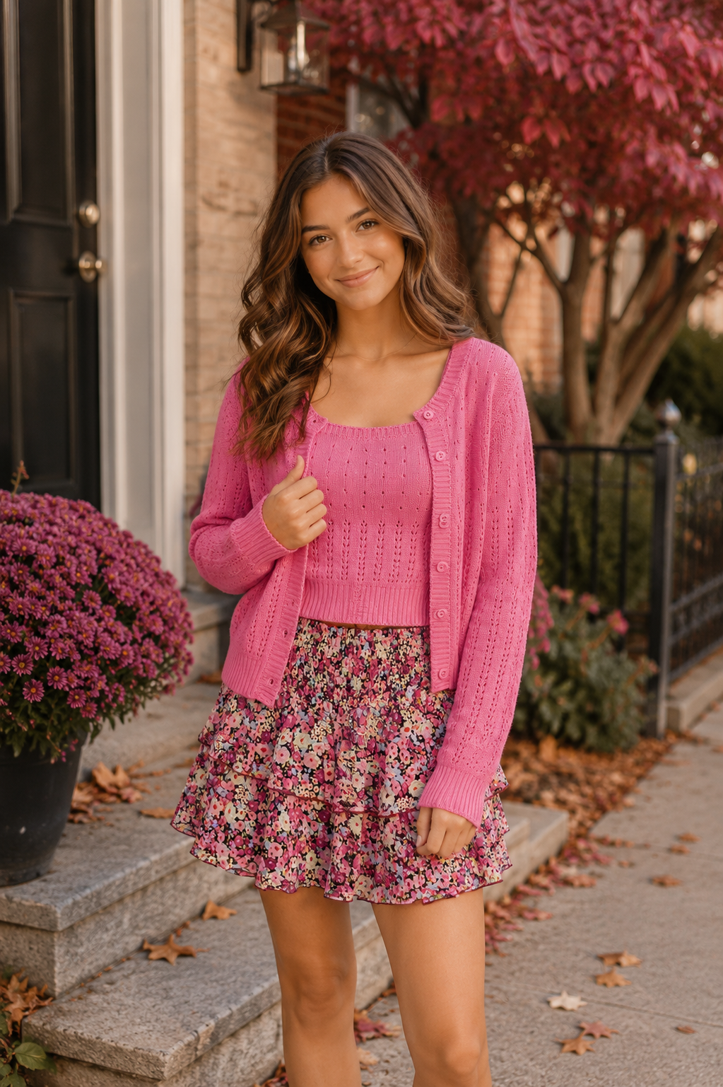 a tween wearing a pink cardigan and fall floral skirt from flowers by zoe
