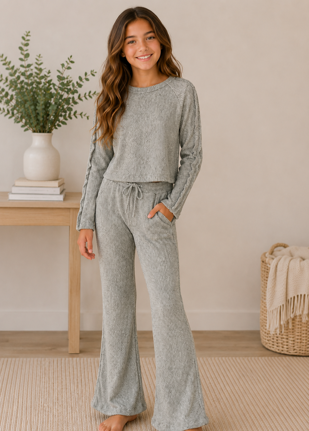 A tween girl modeling a light heather gray two-piece lounge set consisting of a long-sleeve crewneck top and matching drawstring flare pants, standing in a brightly lit, neutral-toned room.