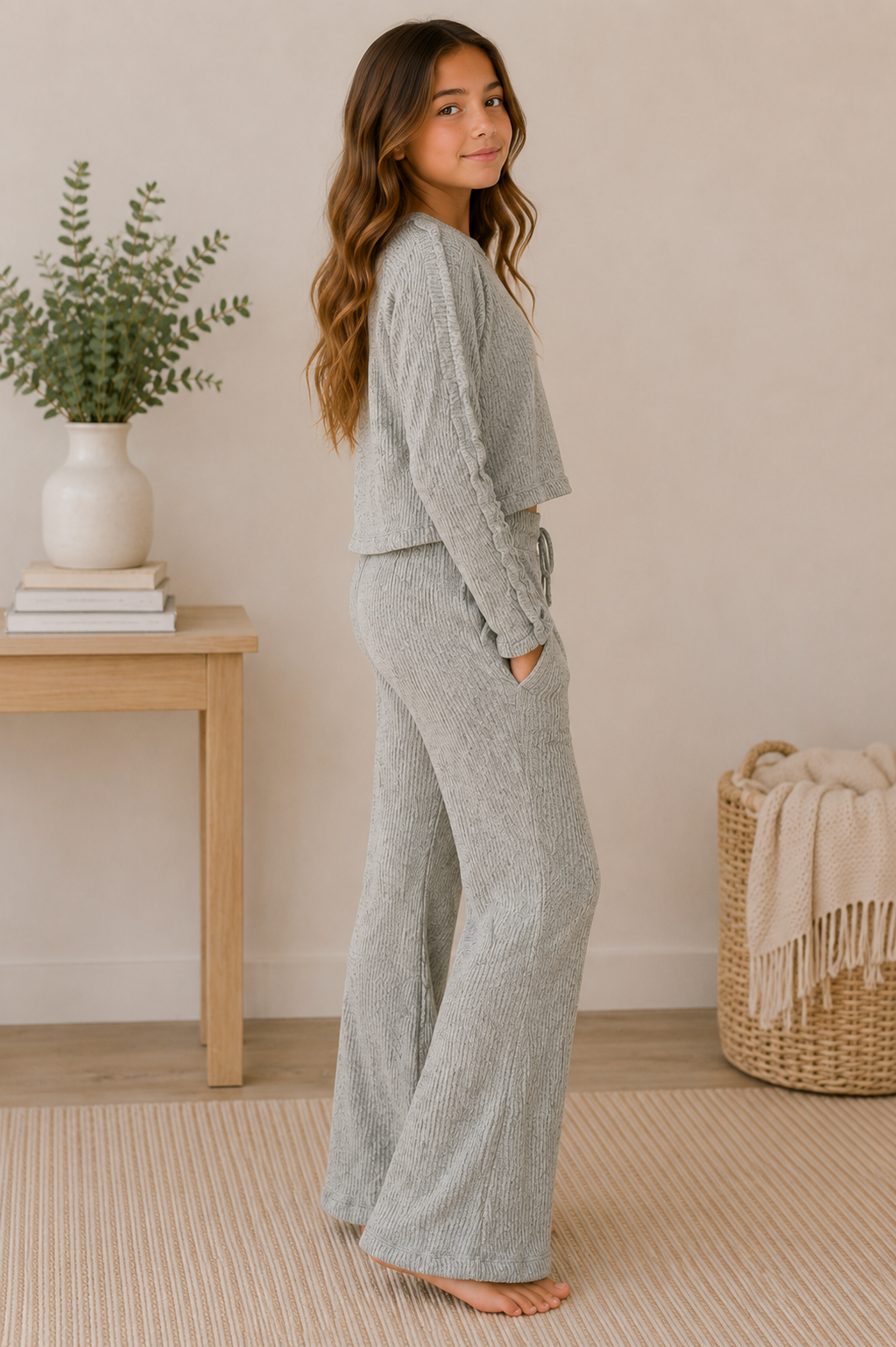 A tween girl stands barefoot in a softly lit room wearing a light heather gray knit lounge set with a long-sleeve top and wide-leg pants. A small wooden side table with a plant and books is on the left, and a woven basket with a folded blanket is on the right.