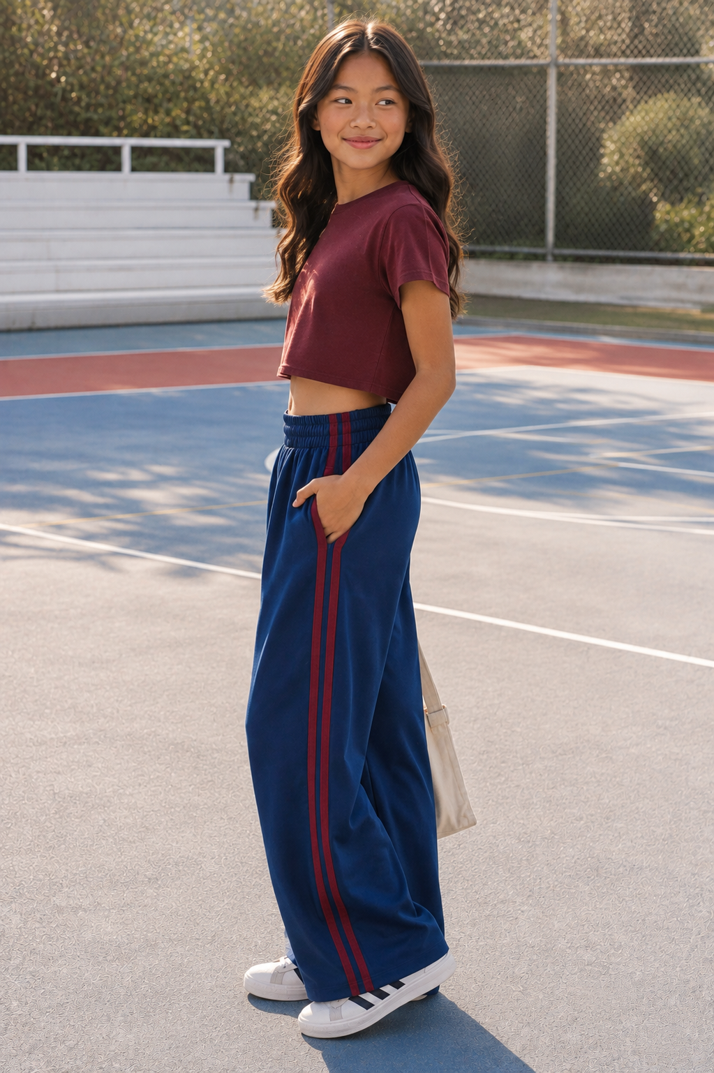 tween girl on a basketball court wearing side striped track pants and a crop tee by KatieJ NYC 