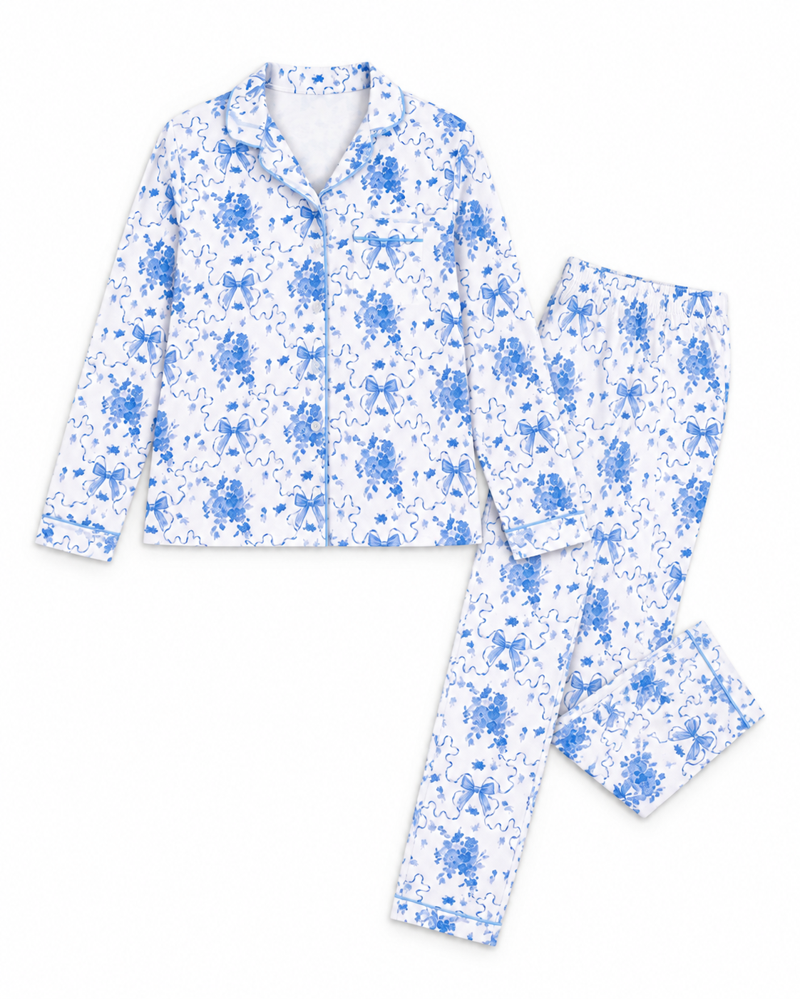 Preppy Goose Tween Blue Posies Long Sleeve Jersey Lounge Set, a soft 2-piece set with blue floral and bow print, button-front top and matching pants.