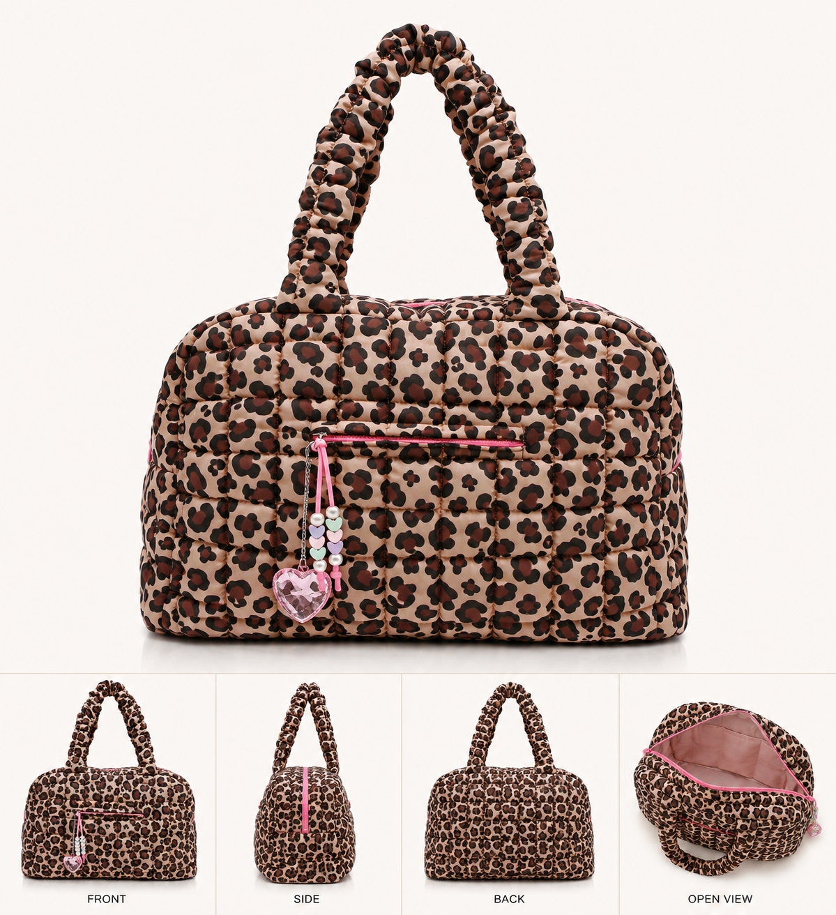 Girls Leopard print duffel bag with pink zipper trim and a pink heart charm, shown in a main front view and four smaller labeled views (front, side, back, open view) on a light gray background.