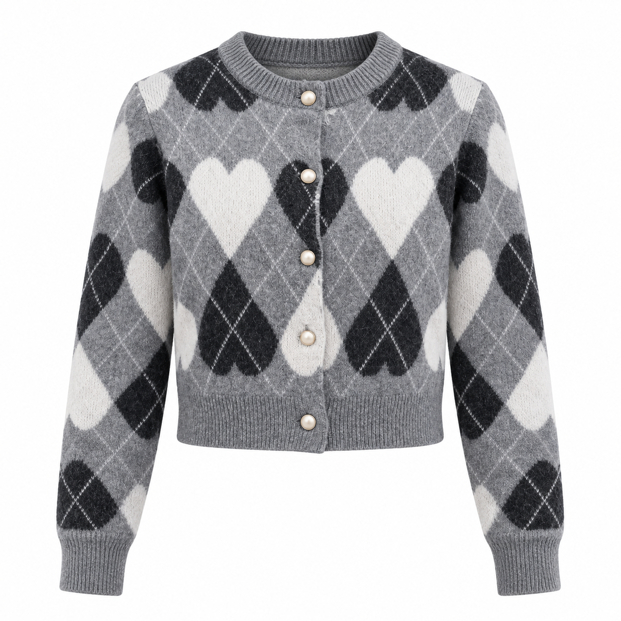 Tweenstyle Argyle Hearts Cardigan in gray, black and ivory with heart argyle pattern