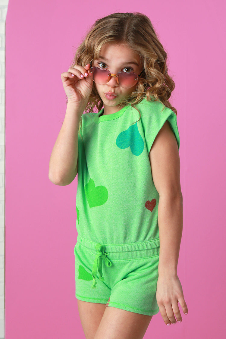 T2Love Neon Green Heart Print Elastic Waist Fashion Top