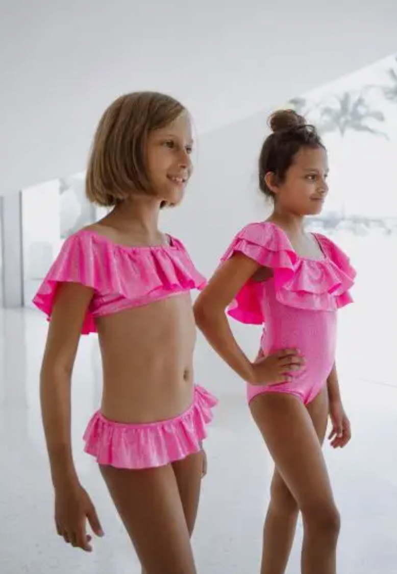 Piccoli Principi Cloe Neon Glitter Pink 2pc Ruffle Swimsuit