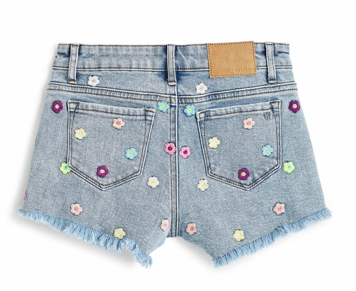 Tractr Jeans Floral Embroidered Fray Hem Short in Stretch Denim