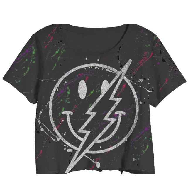 Distressed crop top with lightening bolt and smiley face by Prince Peter