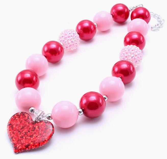 Red &amp; Pink Heart Bubblegum Bead Necklace